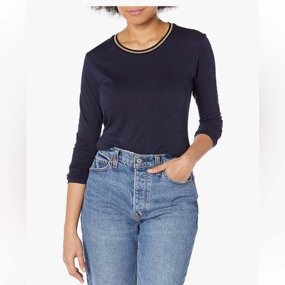 NWT Goldie Lewinter Navy Long Sleeve Gold Tipped Ringer Tee Sz L - Picture 1 of 11